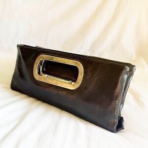 Vegan Leather Black Foldover Bag. Wristlet Clutch